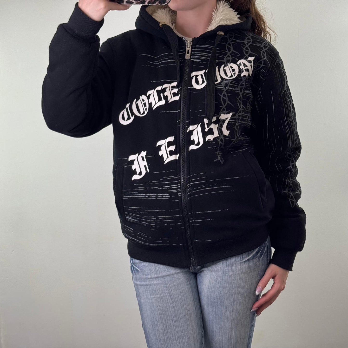 90s Y2K vintage faux fur lined zip up thick hoodie tribal text oversized chunky