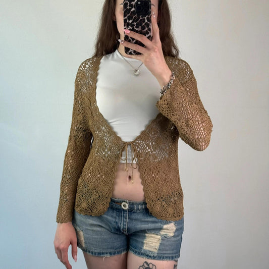 Y2K vintage crochet floral long sleeve cardigan boho tie bow front sheer summer