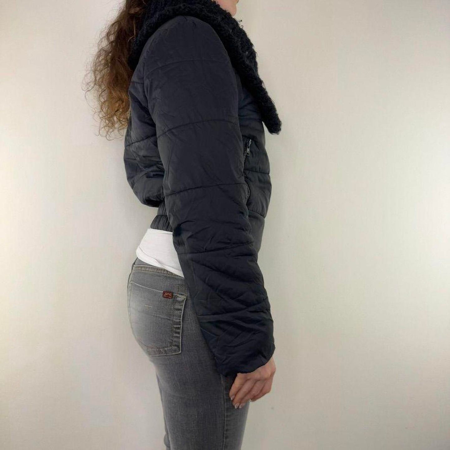 Y2K vintage Kookai short puffer coat asymmetrical zipper jacket knitted collar