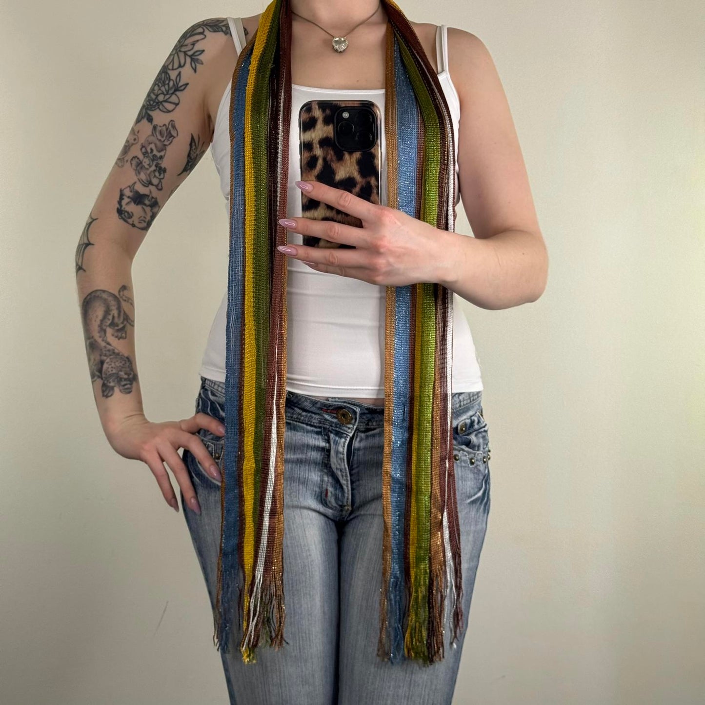 Y2K vintage sparkly scarf lightweight stripe fringe sheer glitter