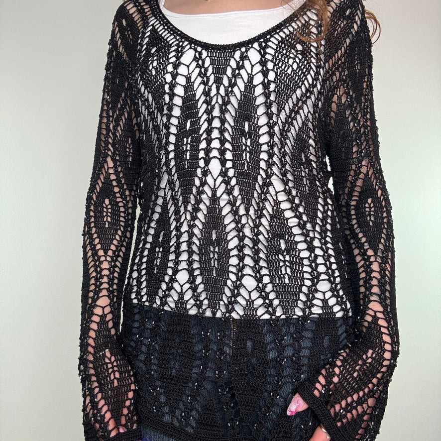 Y2K crochet flared long sleeve top