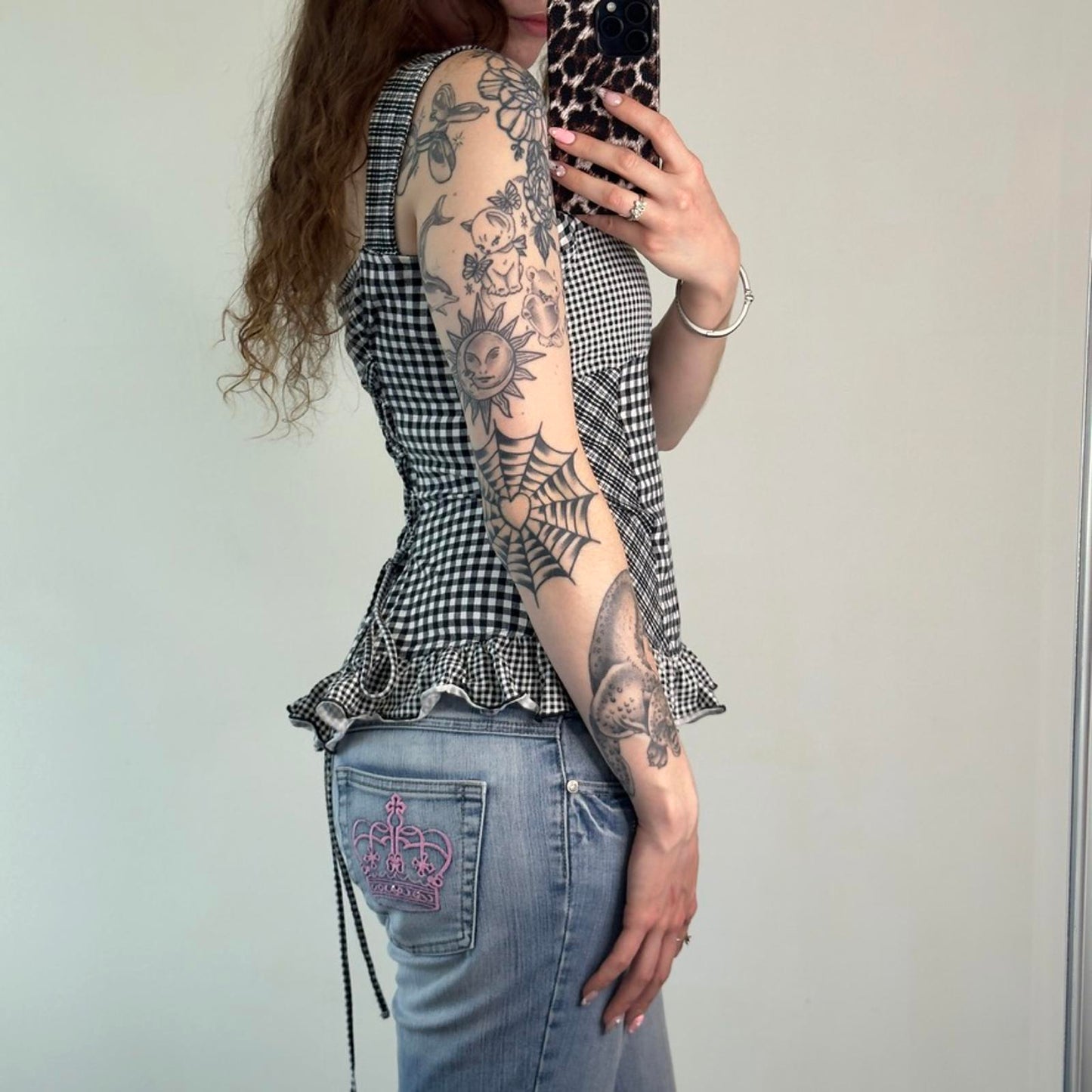 Y2K vintage gingham tartan frilly tank top lace up detail sweetheart neck