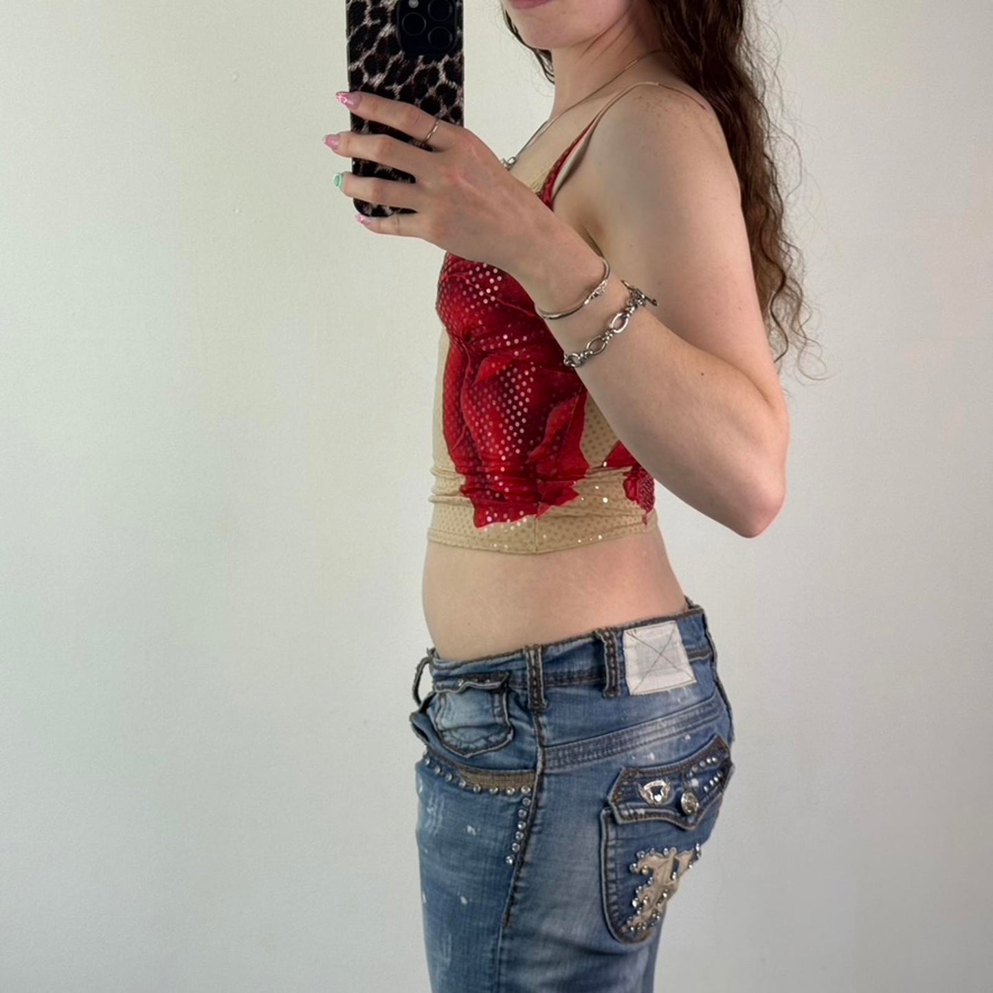 Y2K vintage shimmer floral slinky lace trim cropped cami top v neck