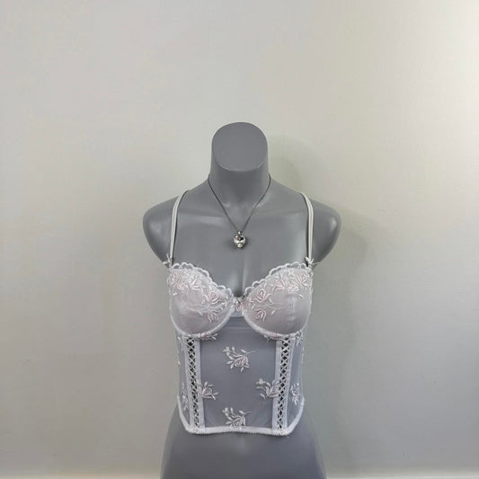 Y2K vintage corset top mesh floral embroidery white pink padded strapless 34B