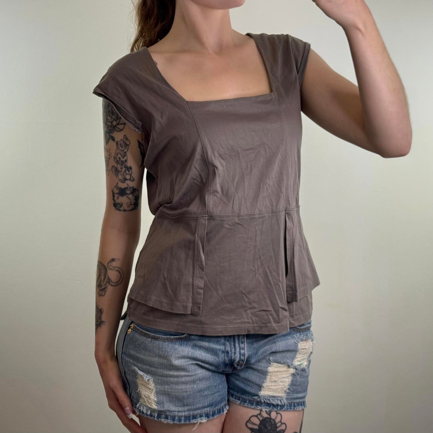 Y2K vintage archive square neck t shirt fitted top cap sleeve zipper layerd