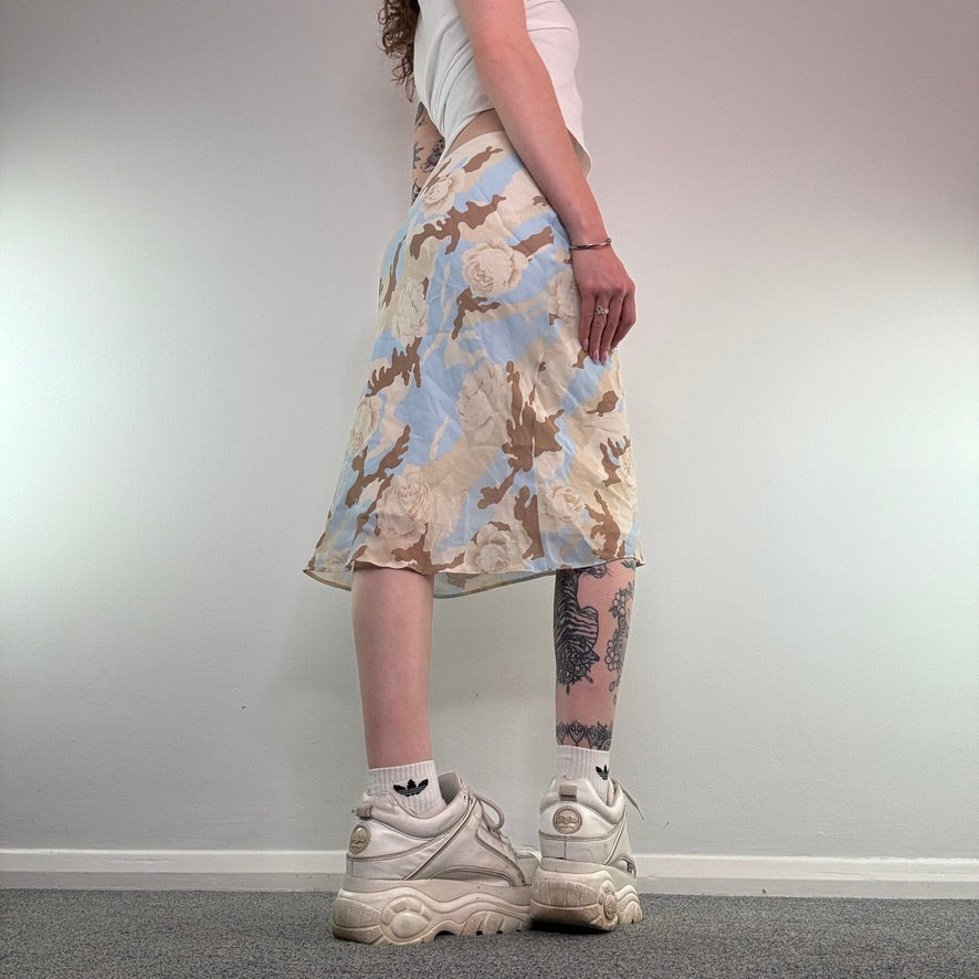 Y2K vintage camo print rose floral bow midi skirt