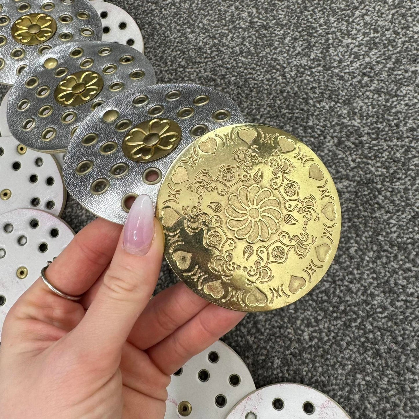 Y2K vintage disc circle belt boho silver gold chunky faux leather shiny