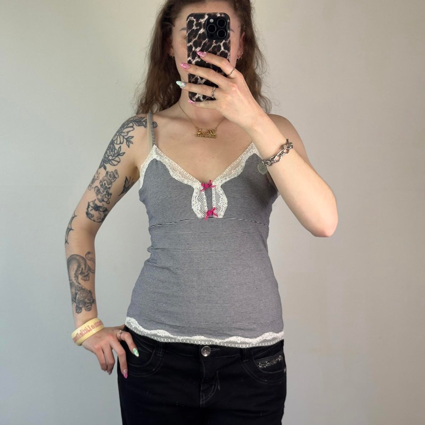 Y2K vintage stripe sparkly cami top lace trim pink bow bust navy white strappy