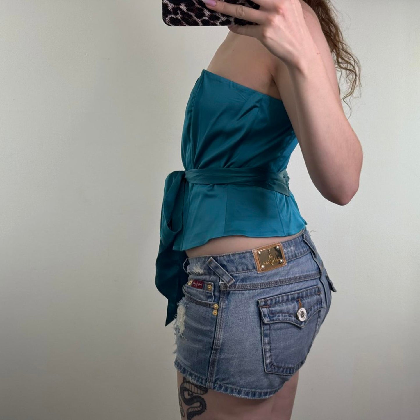 Y2K vintage silk blend strapless structured bustier top turquoise bow