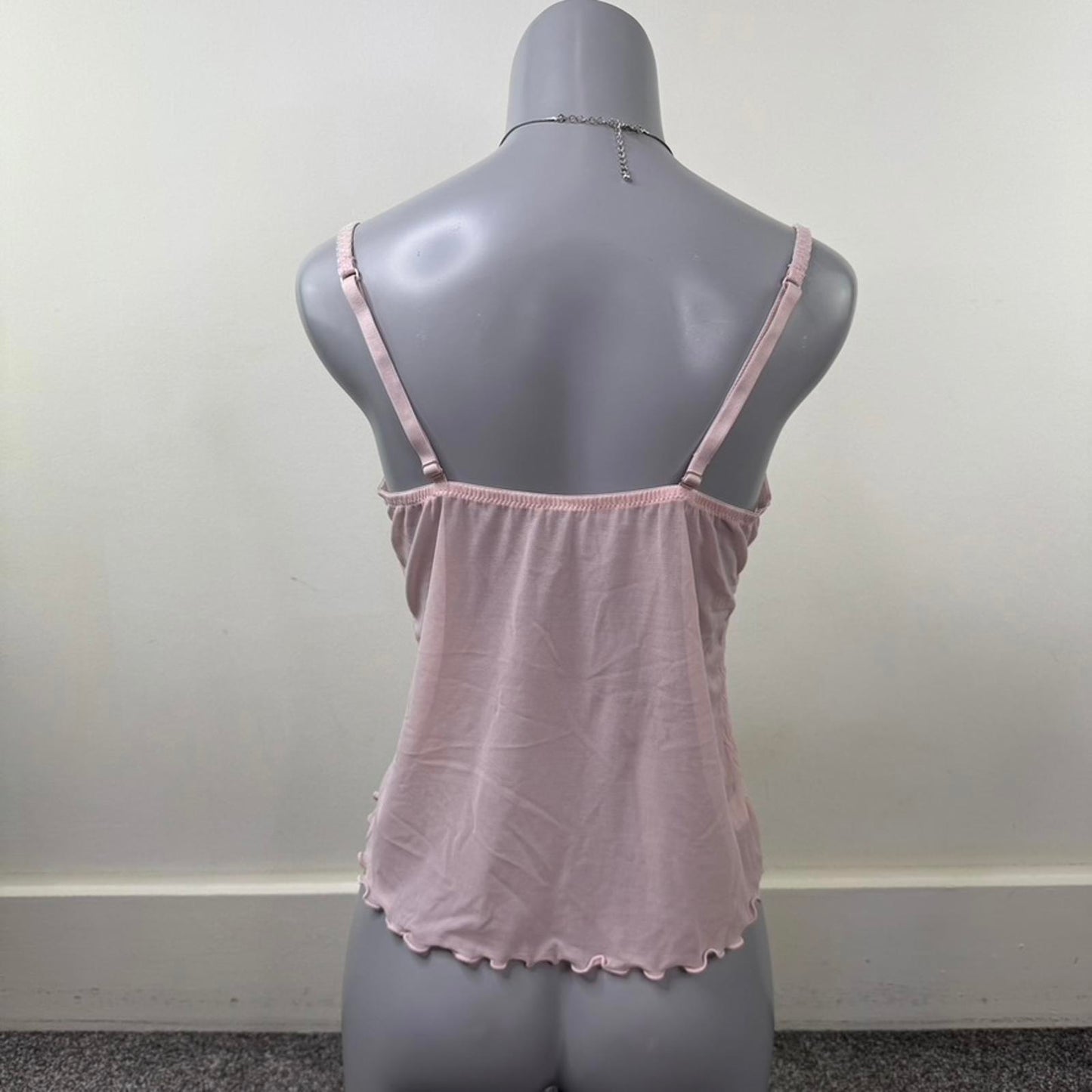 Y2K vintage mesh cami top crinkle rose baby pink lettuce hem cropped sheer