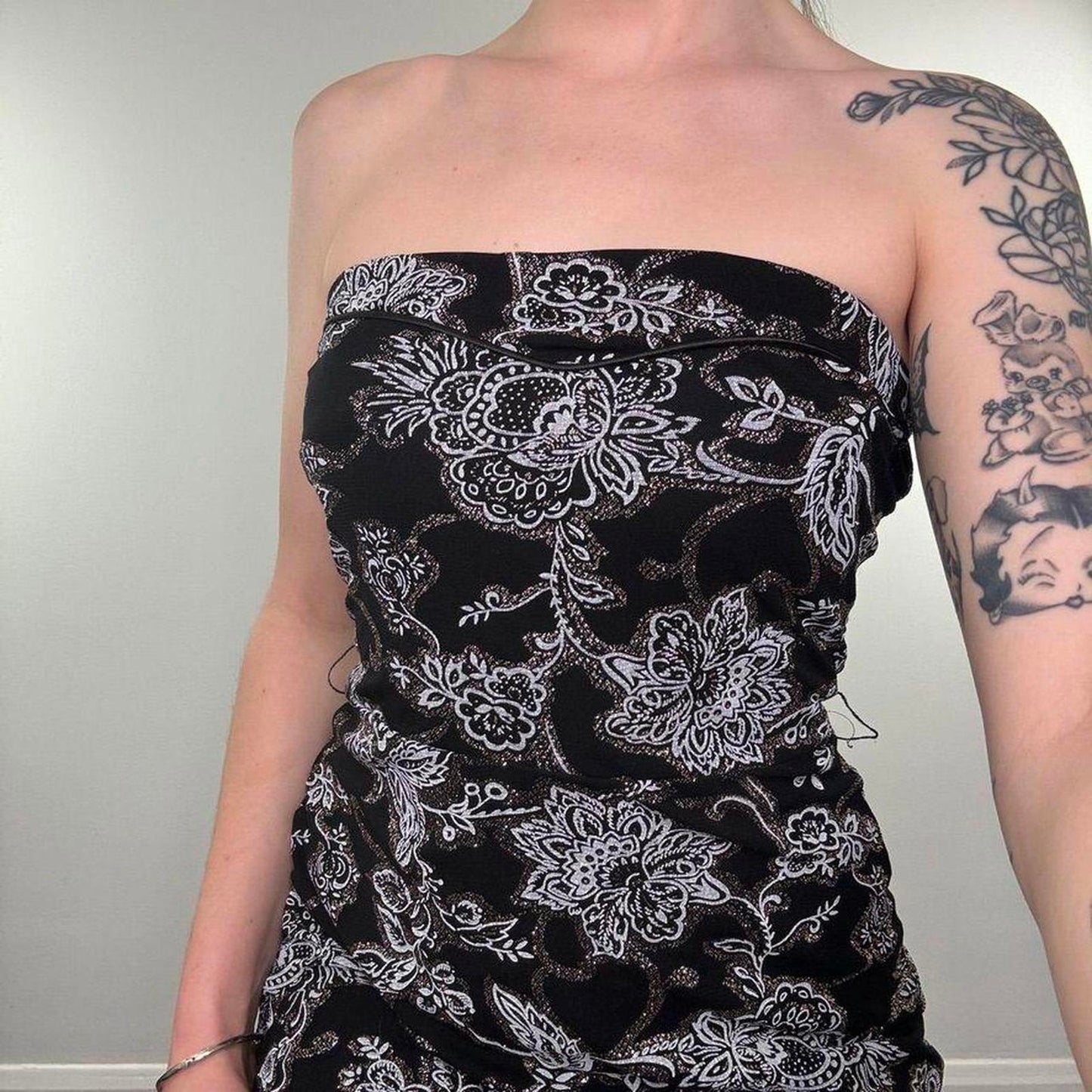 Y2K vintage Jane Norman sparkly strapless floral mesh midi dress