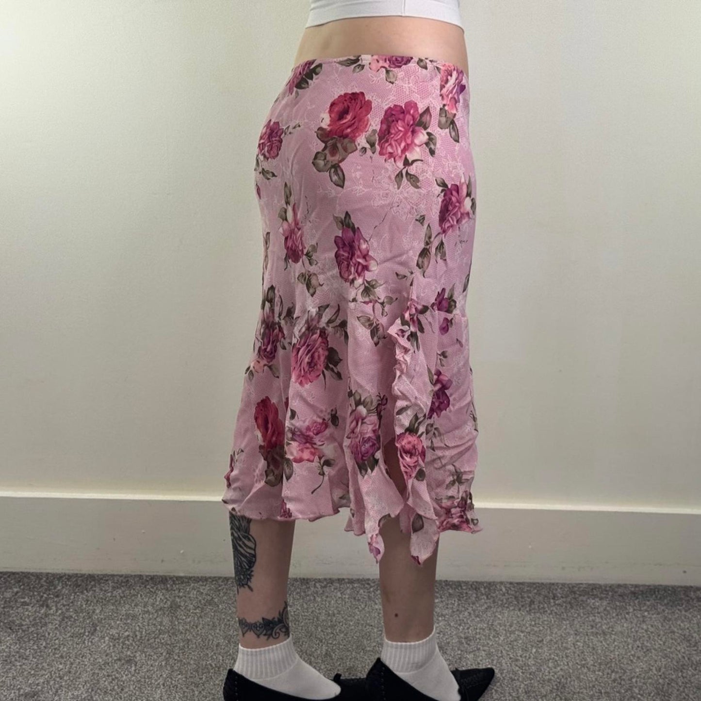 Y2K vintage Per Una floral lace pattern midi skirt frill ruffle low rise stretch