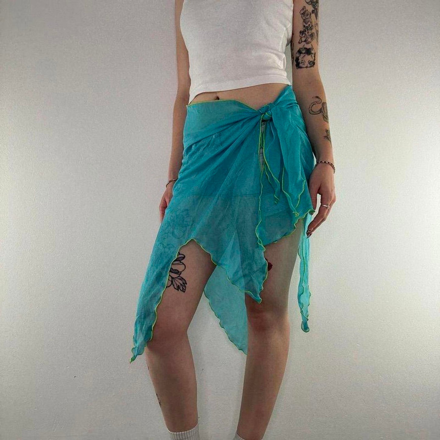 Y2K vintage sarong swim beach cover up sheer fairy bow blue green asymmetrical