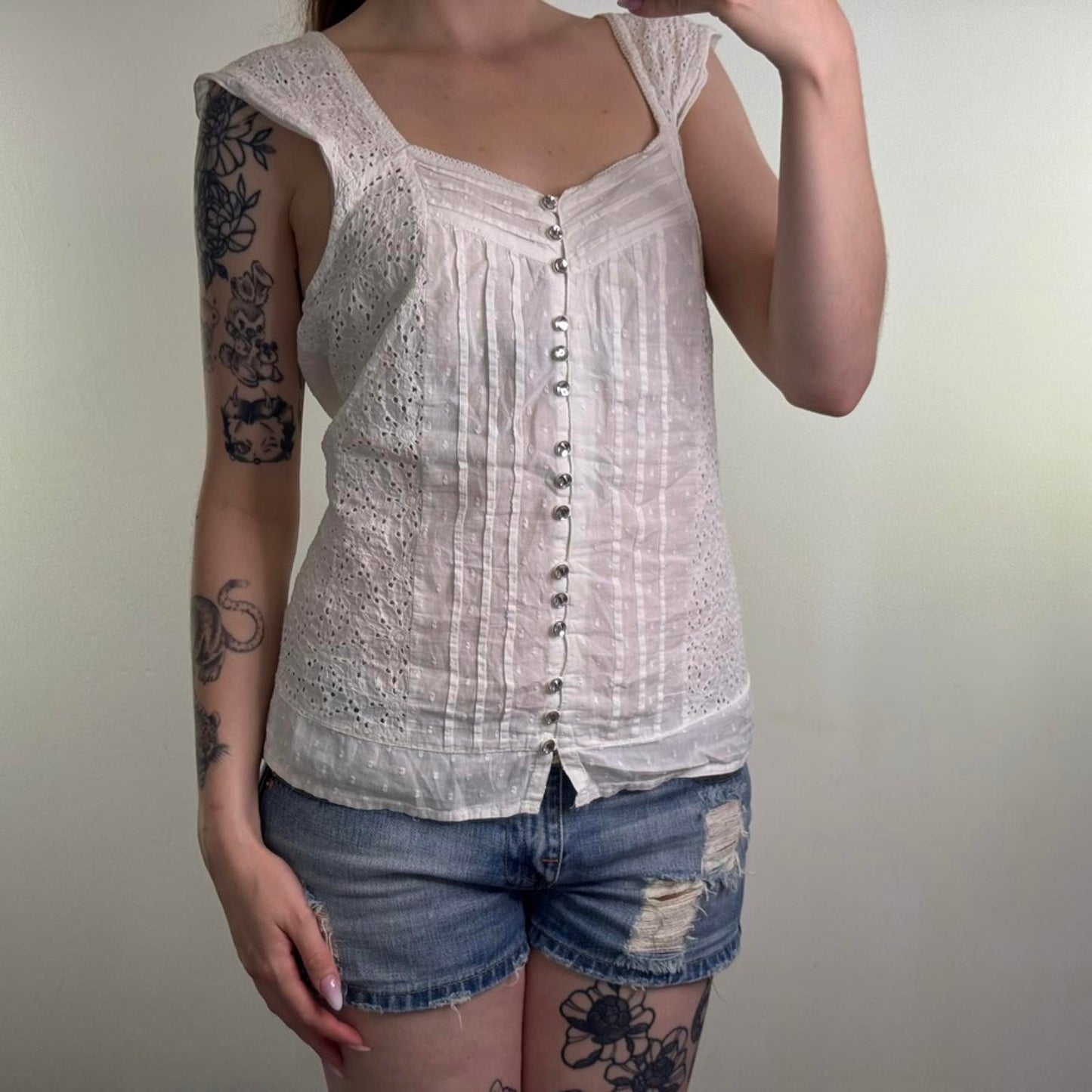 Y2K vintage button up blouse broderie anglaise rhinestone stripe polka dot sheer