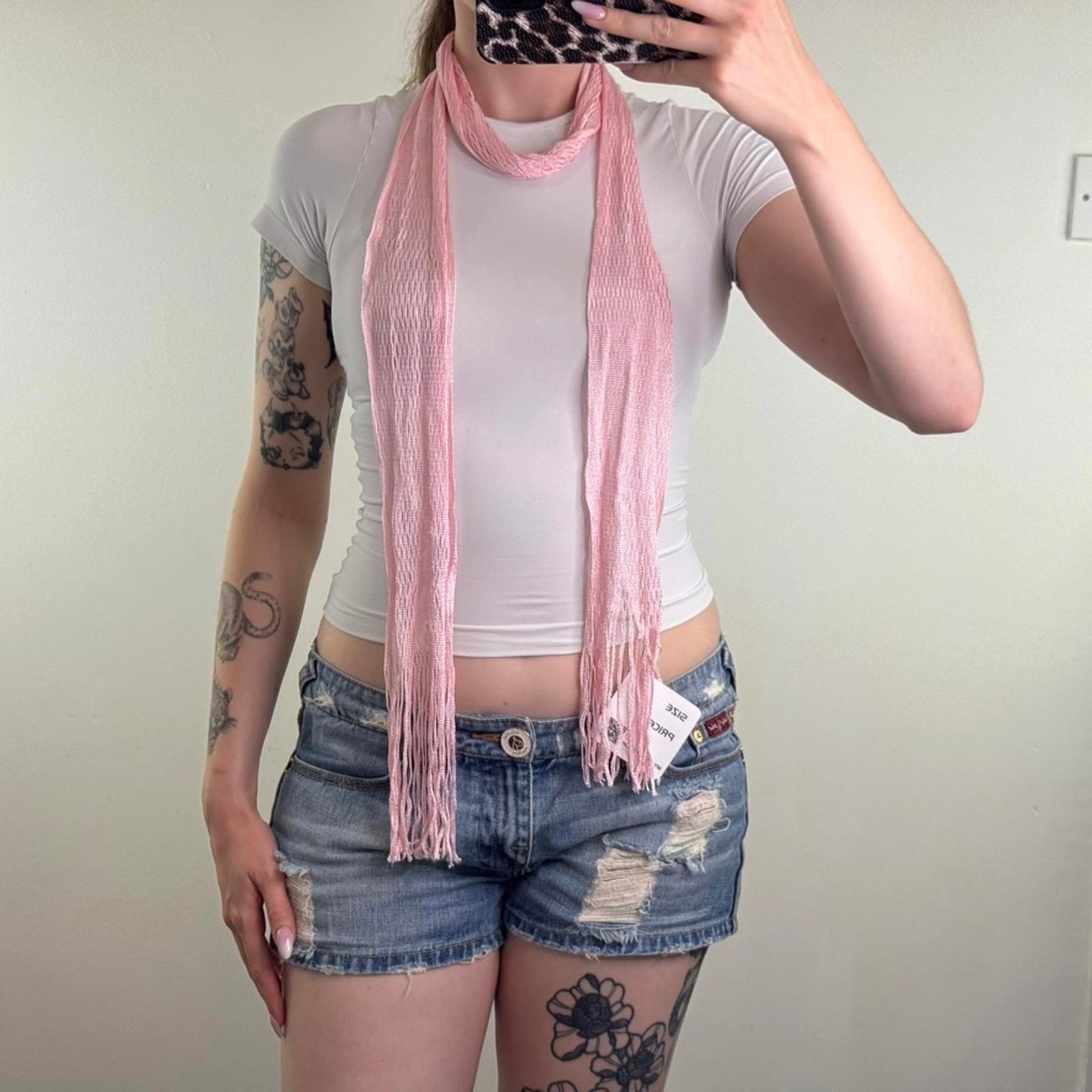 Y2K vintage skinny scarf baby pink fine knit tassel