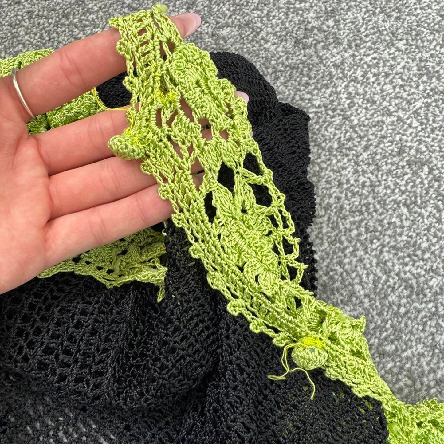 Y2K vintage crochet button up cardigan black green v neck floral pattern sheer