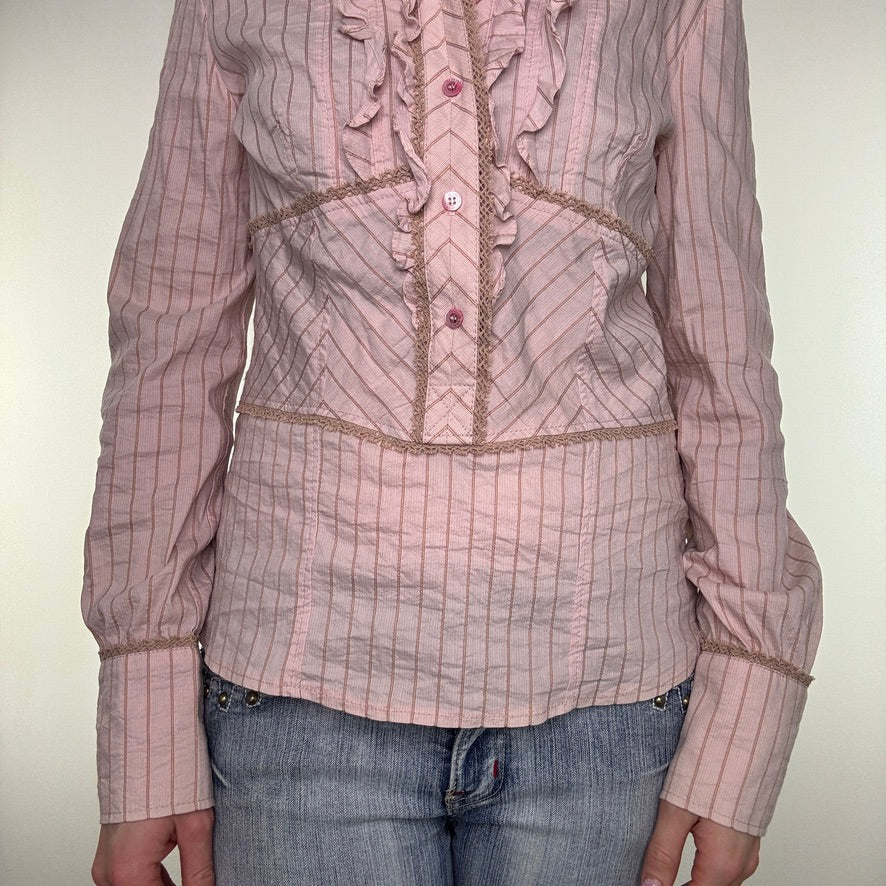 Y2K vintage button up stretchy shirt frilly lace trim ruffle pinstripe archive