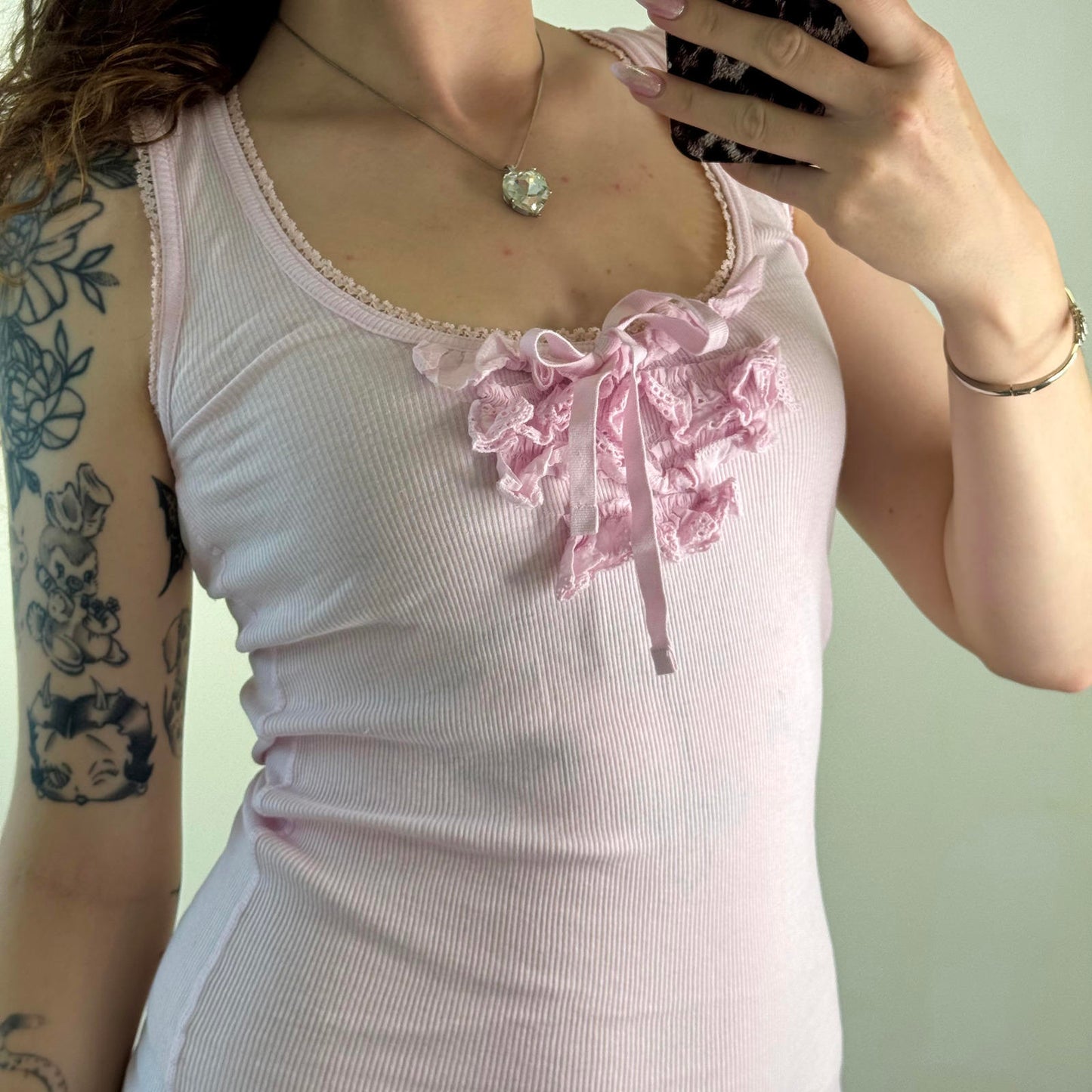 Y2K vintage ribbed tank top longline frilly bow broderie anglaise round neck