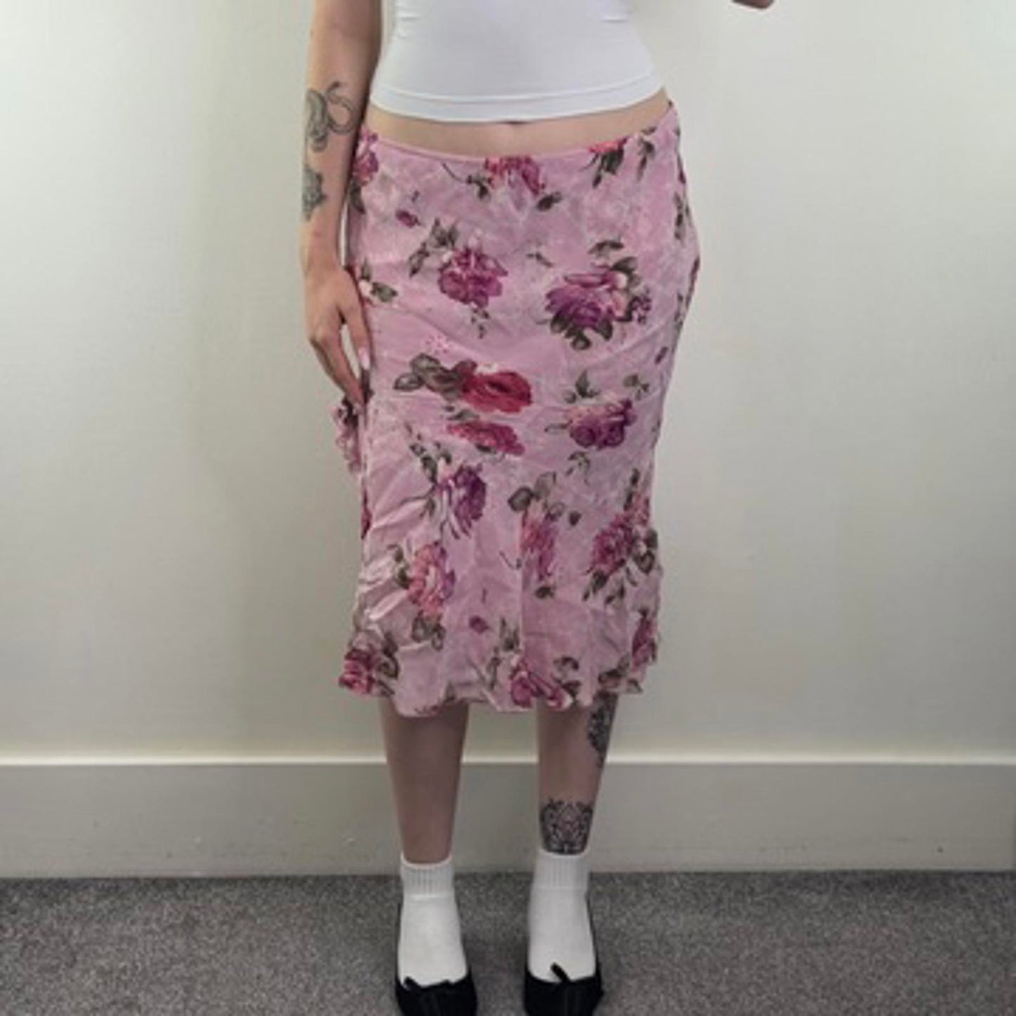 Y2K vintage Per Una floral lace pattern midi skirt frill ruffle low rise stretch