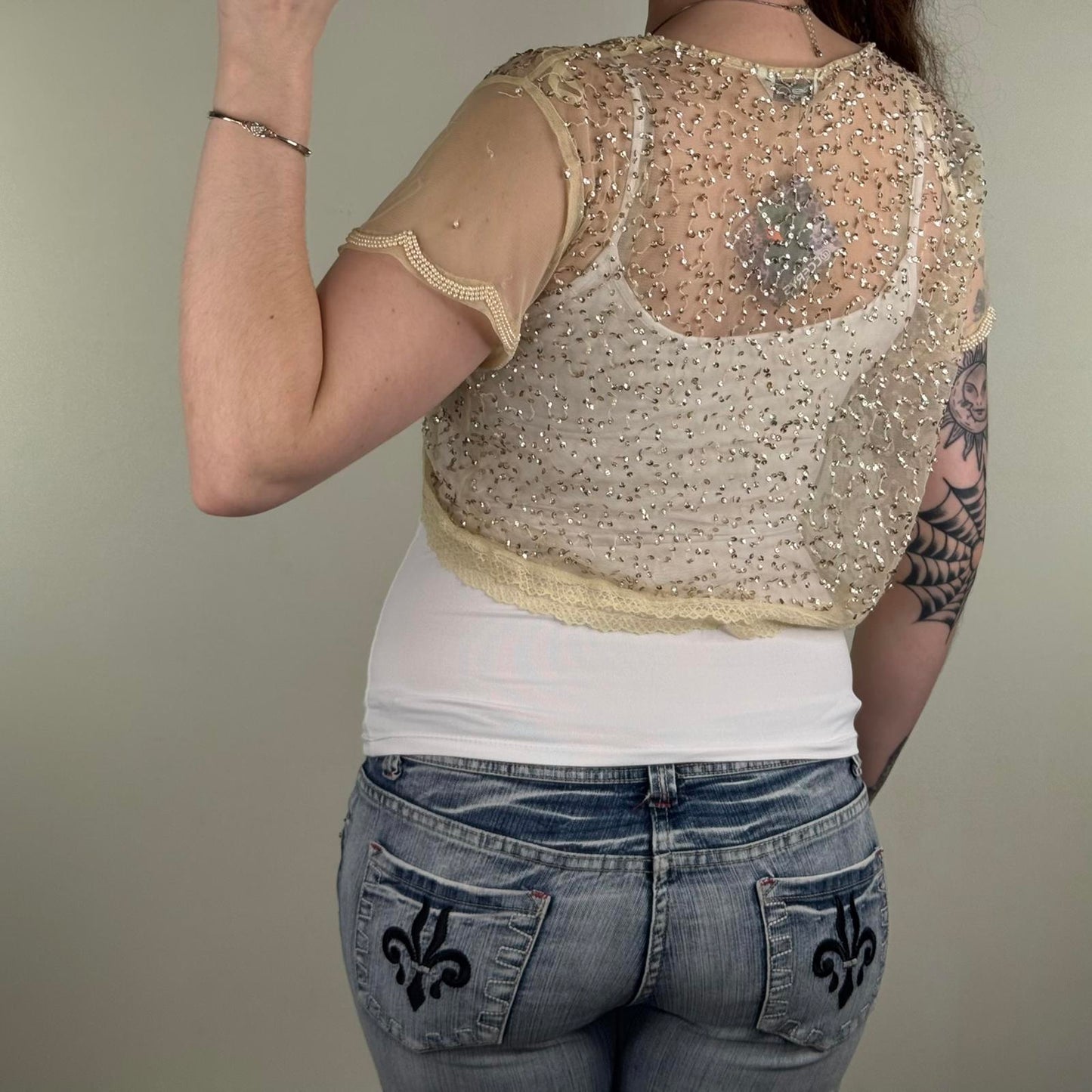 Y2K vintage mesh cardigan sheer short sleeve bow sequin beaded coquette lace