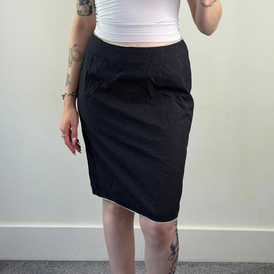 Y2K vintage polka dot midi skirt white trim black knee length spotty high waist