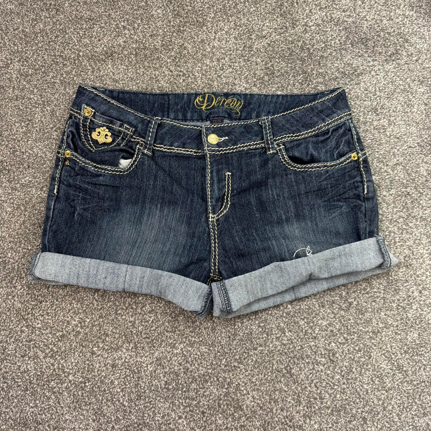 Y2K vintage denim mini short dark blue filigree contrast stitch grommet studded