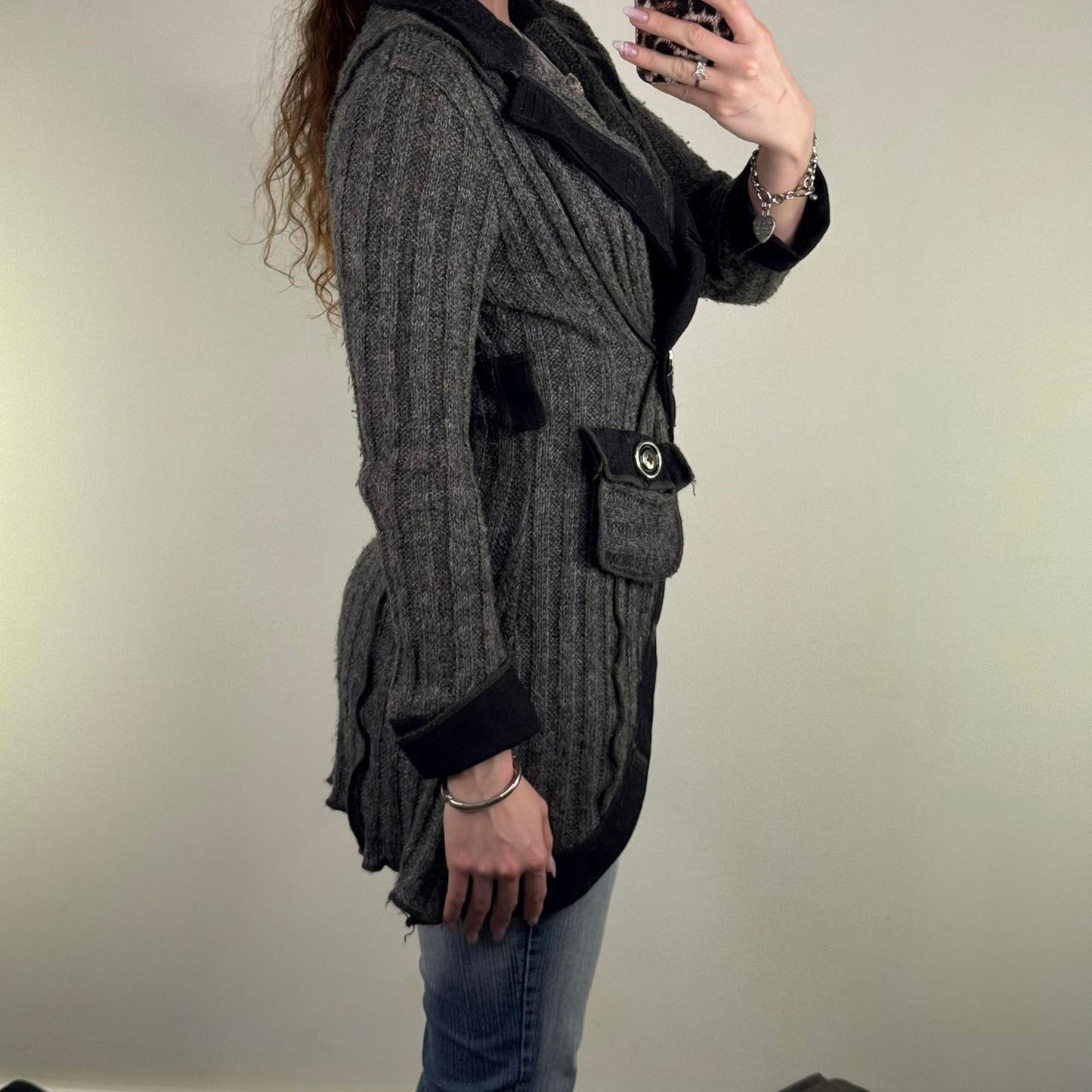 Y2K vintage mohair blend cardigan ribbed mid length v neck black grey fitted