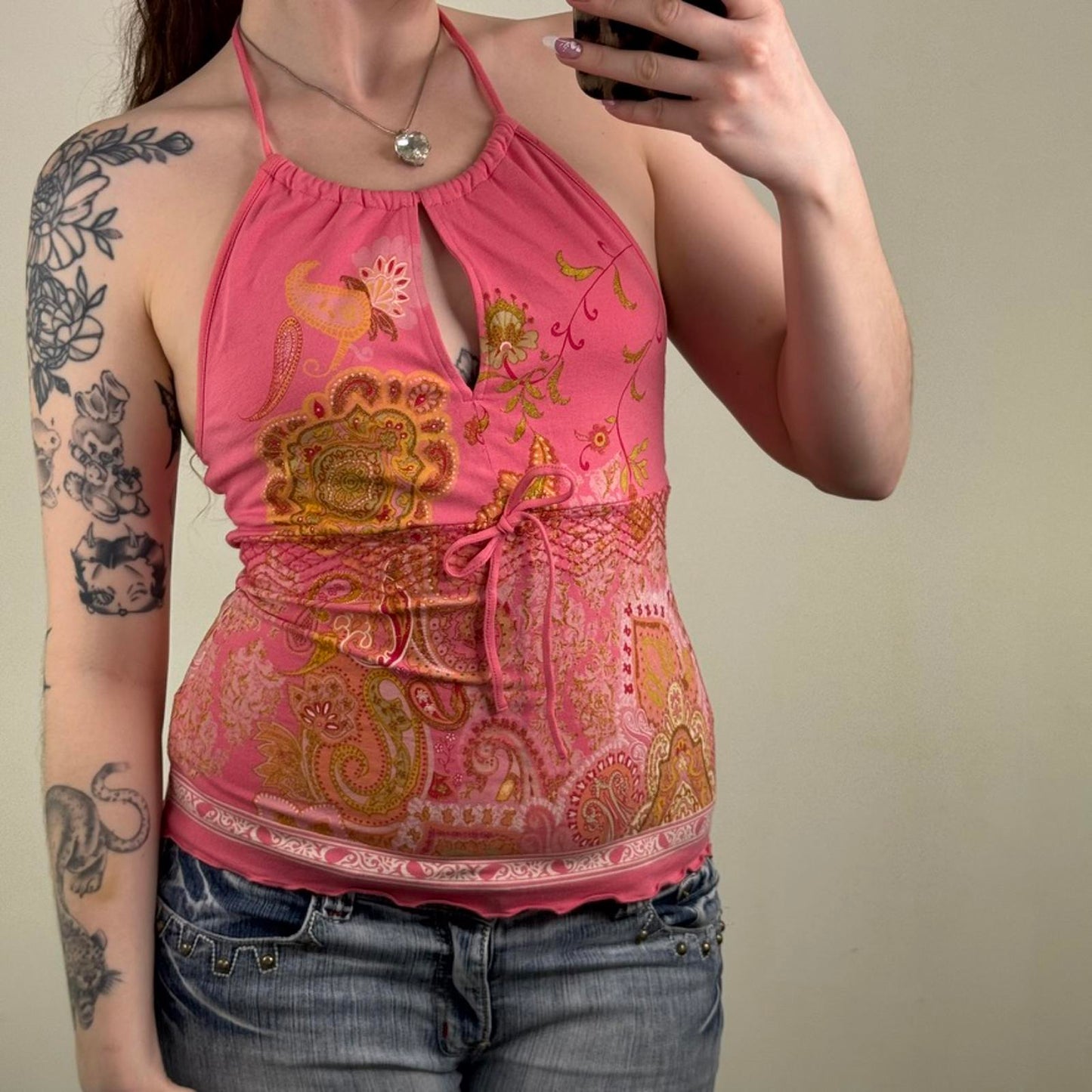 Y2K vintage keyhole tank top halter neck bow paisley pattern bow sparkly