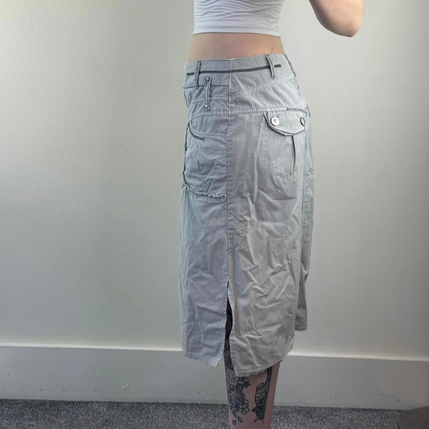 Y2K vintage denim cargo midi skirt grey contrast stitch