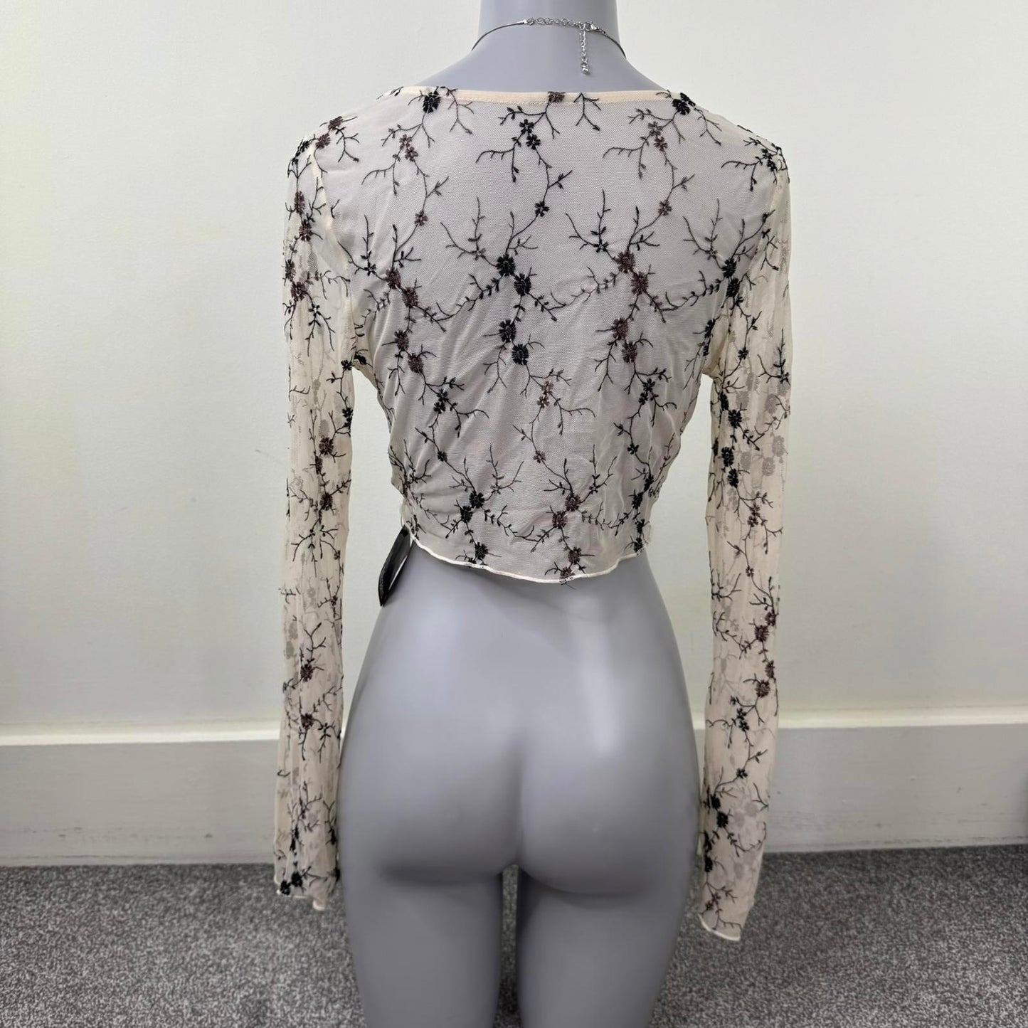 Y2K vintage mesh cardigan long sleeve floral embroidered bow sheer stretchy