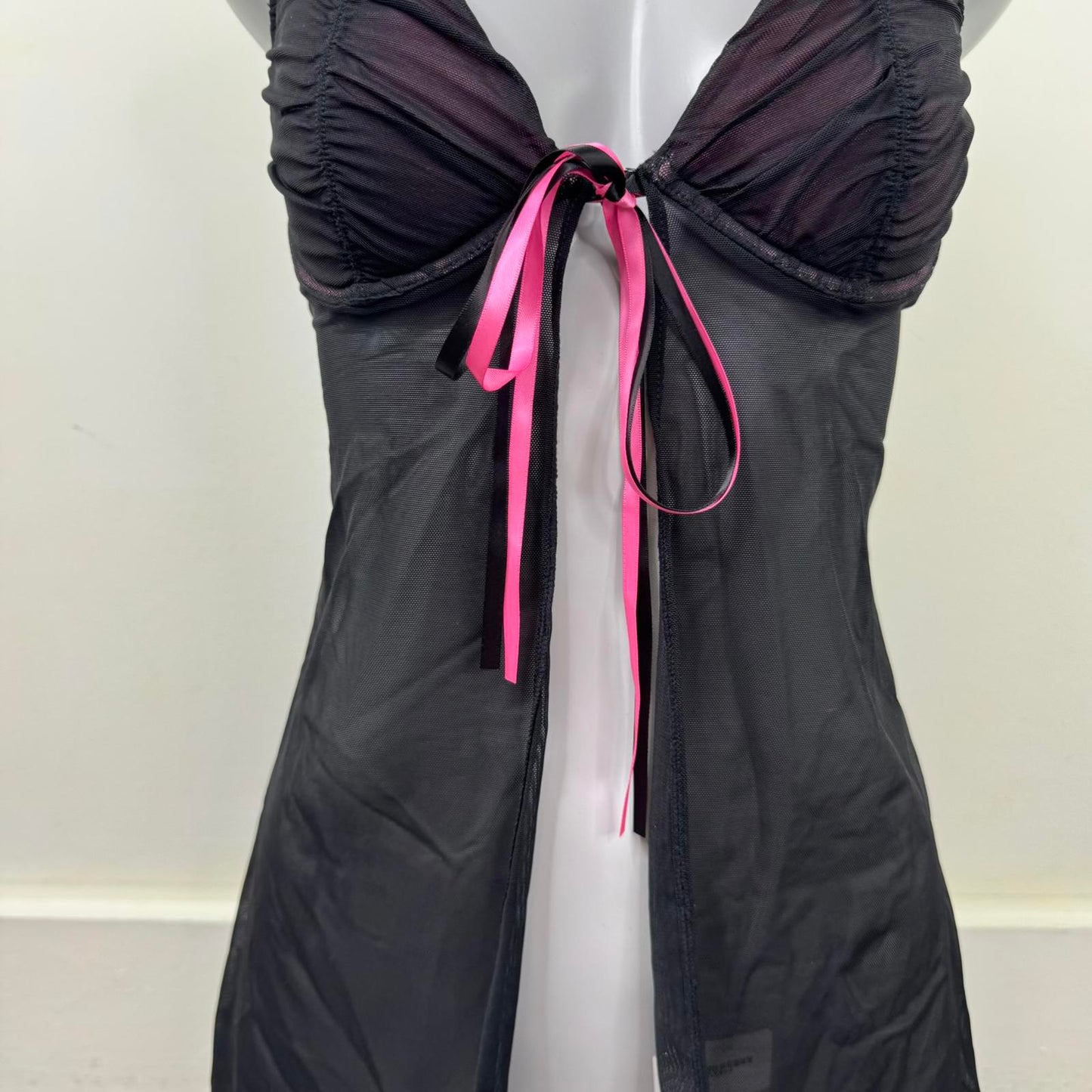 Y2K vintage mesh babydoll bow ruched underwire padded sheer pink black chemise