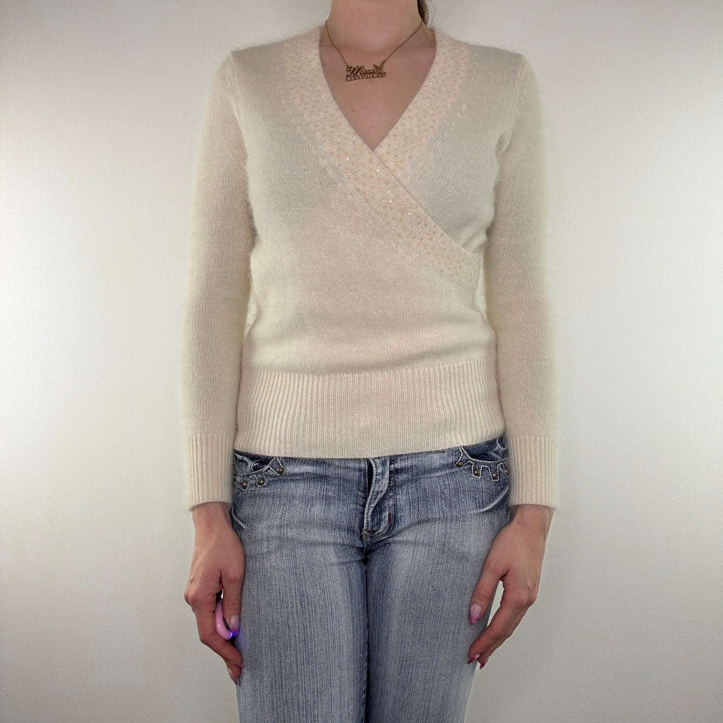 Y2K vintage jumper wrap style sequin v neck fitted coquette basic plain soft