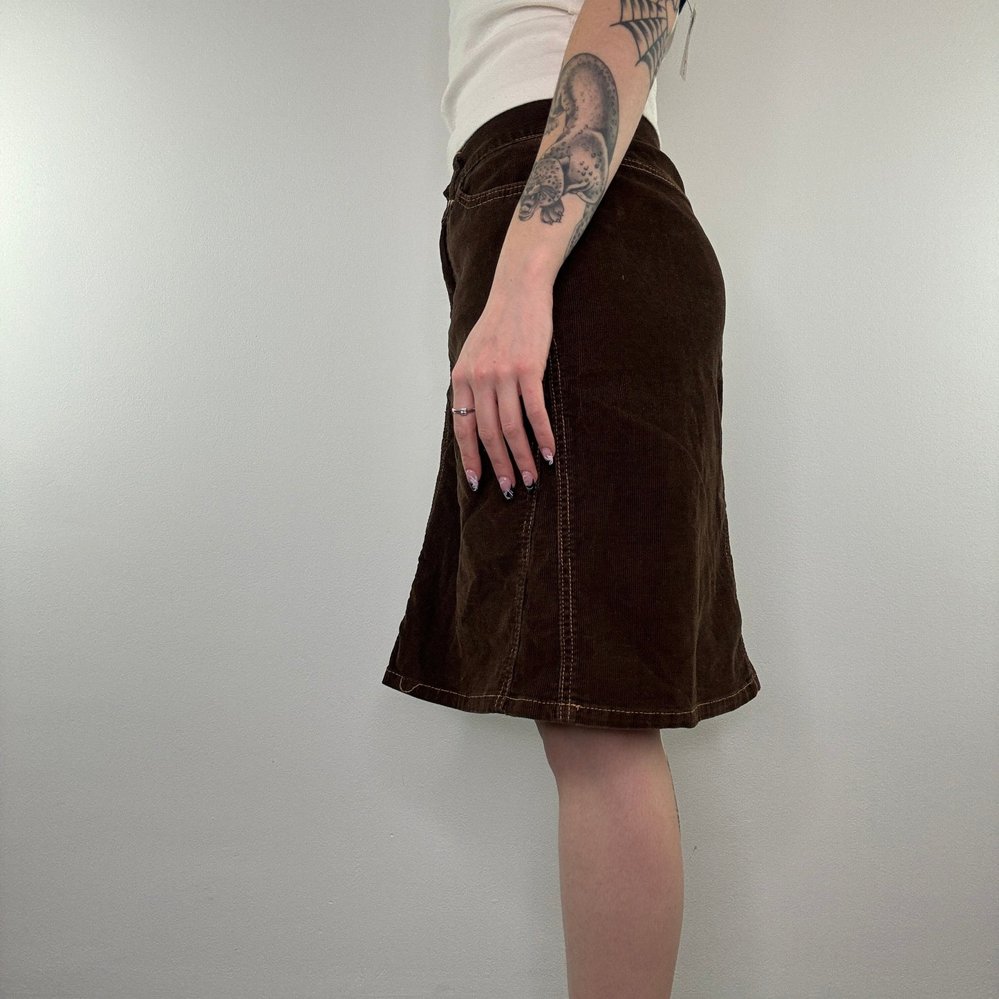 Y2K corduroy contrast stitch midi skirt