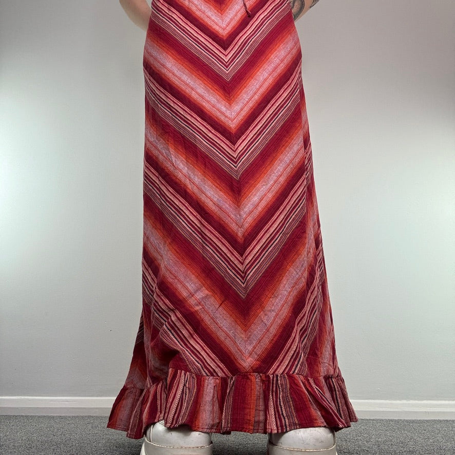 Y2K boho stripy bow chevron maxi skirt frilly hem