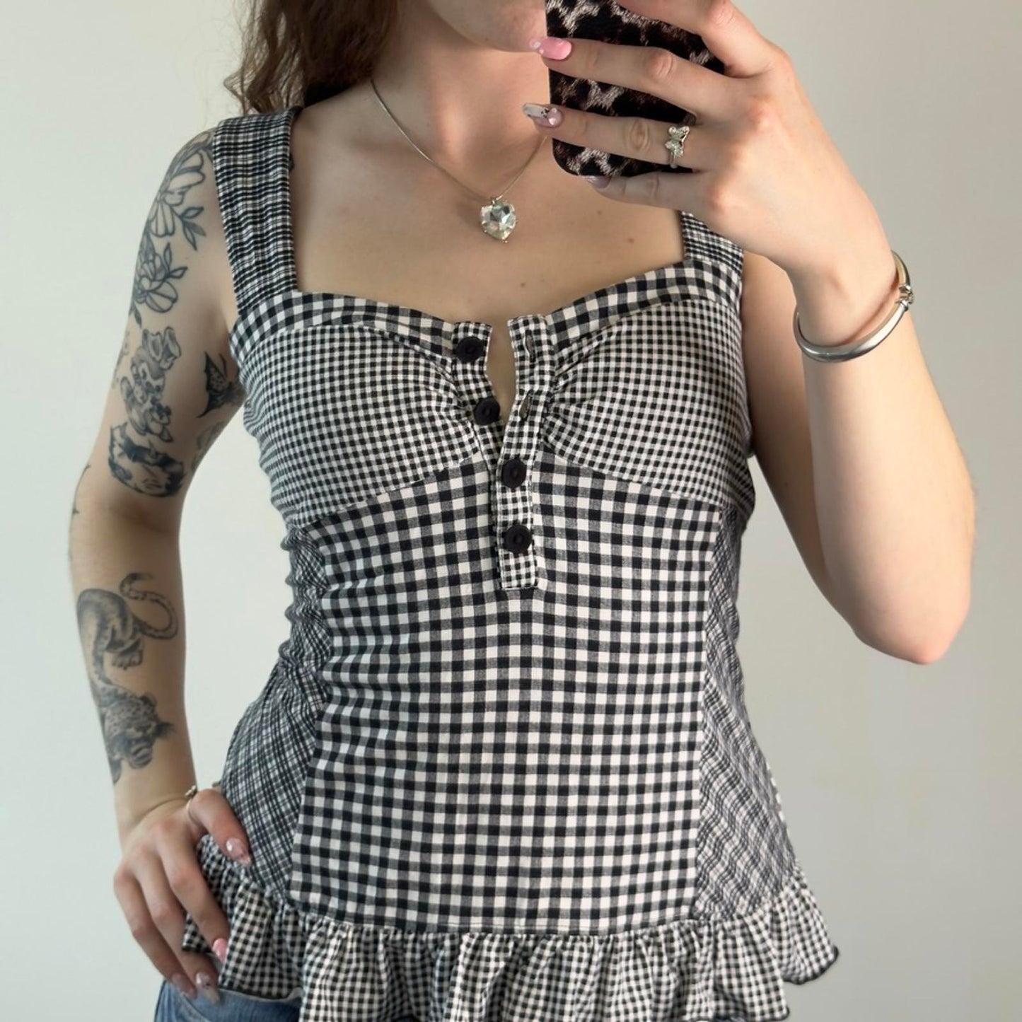 Y2K vintage gingham tartan frilly tank top lace up detail sweetheart neck