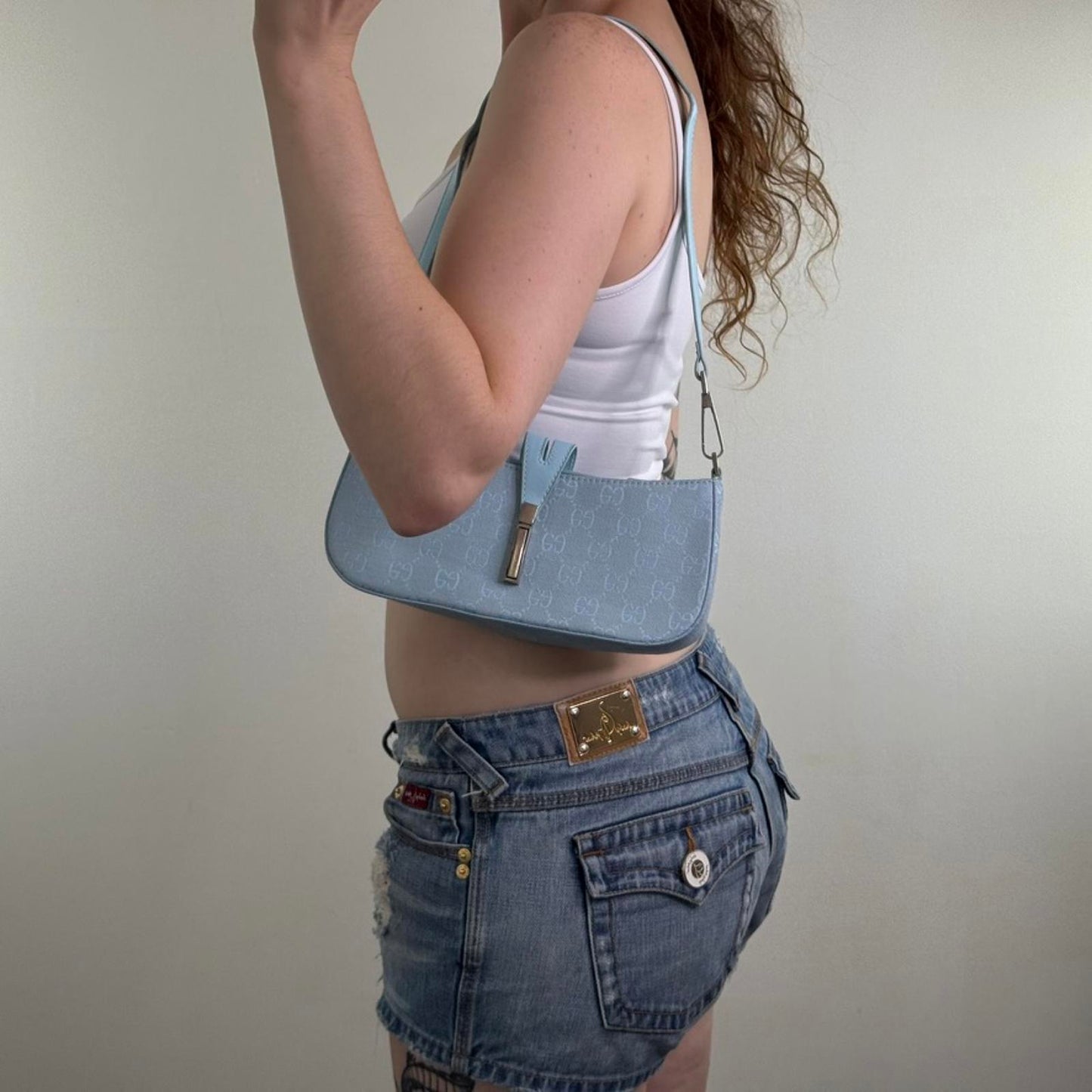 Y2K vintage canvas mini shoulder bag baby blue baguette silver