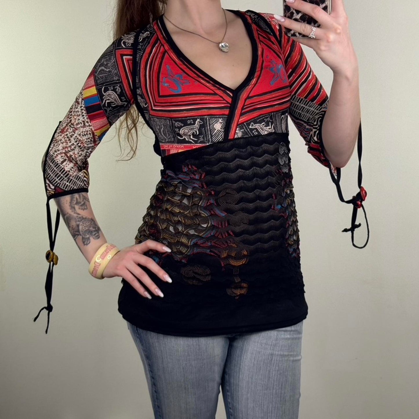 Y2K vintage Save The Queen top 3/4 sleeve top Australia aboriginal print mesh