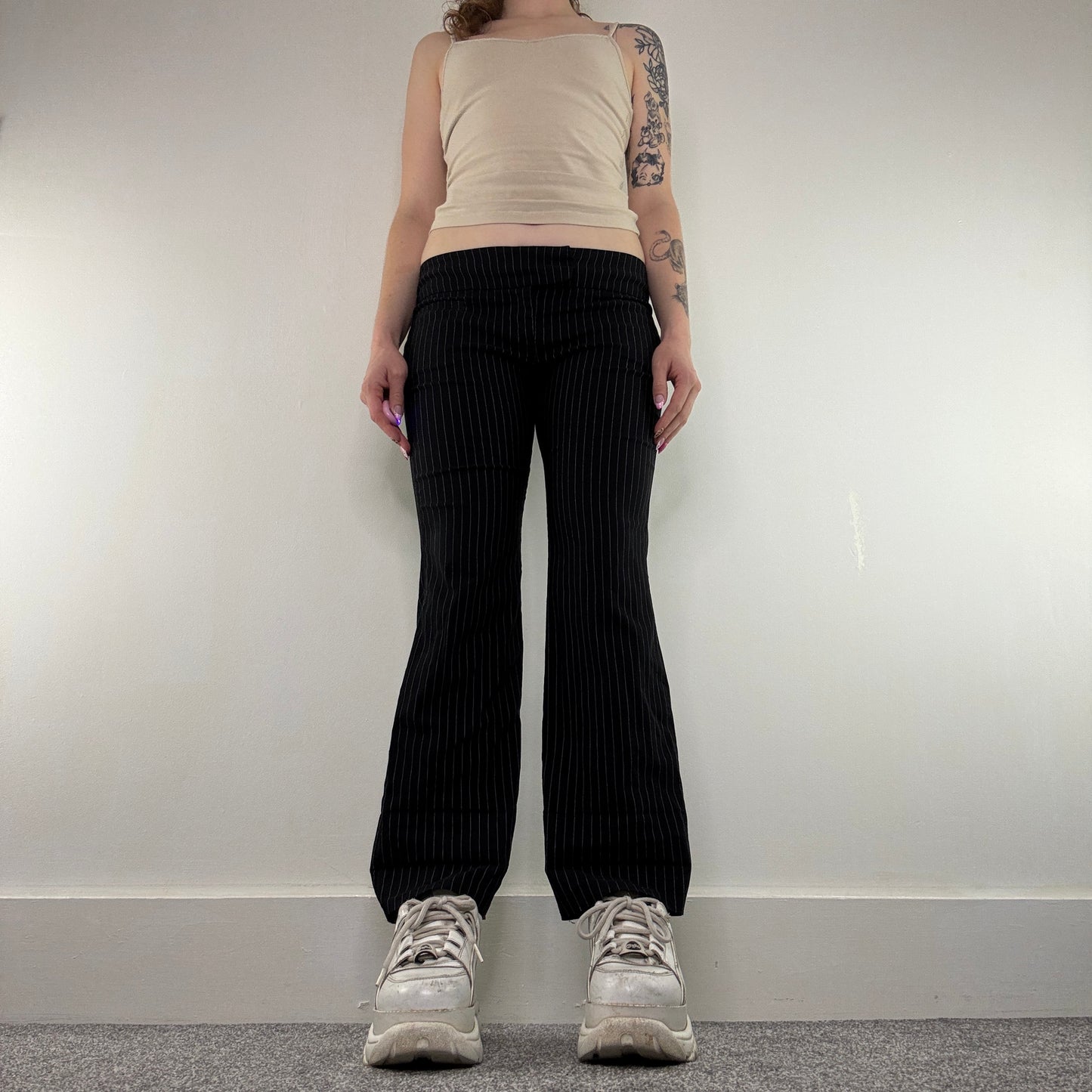 Y2K vintage pinstripe trousers stretchy tailored low rise bootcut
