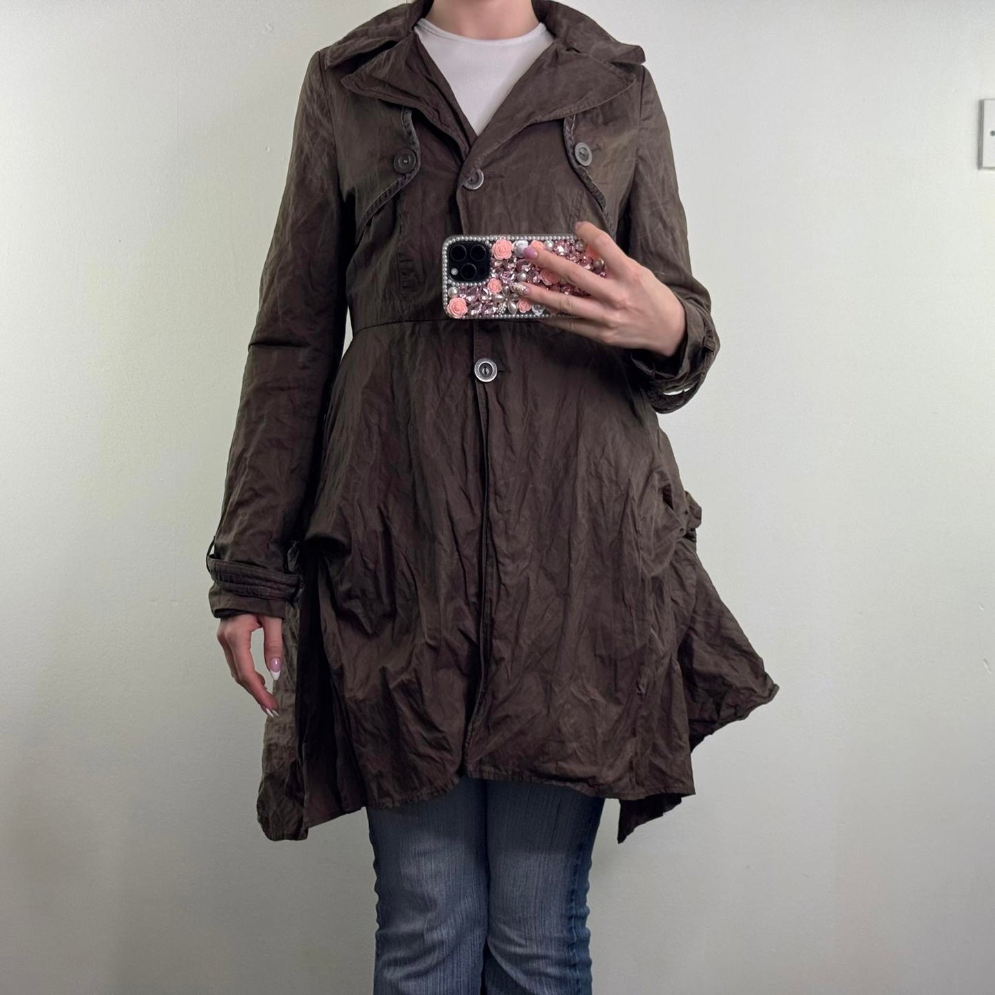 Y2K vintage ruffle layered mid knee length trench coat jacket ruffle floral