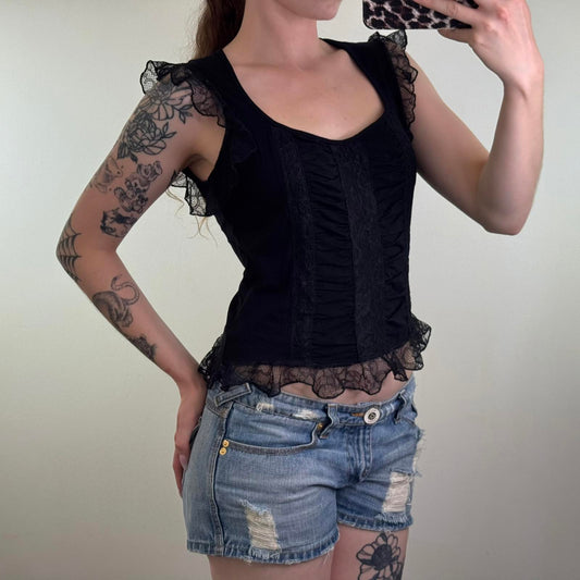 Y2K vintage lace trim tank top ruched sweetheart neckline stretchy frill ruffle