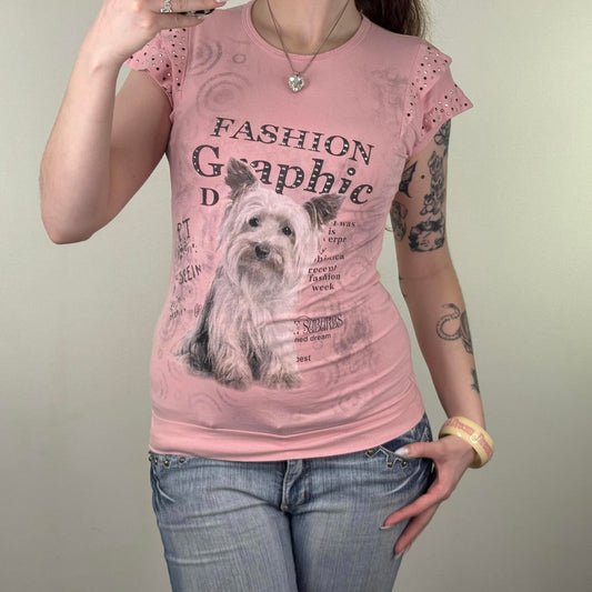 Y2K vintage graphic print top short sleeve dog yorkshire terrier studded pink