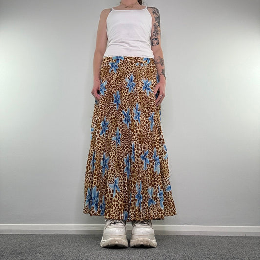 Y2K vintage pleated giraffe floral lily print maxi skirt