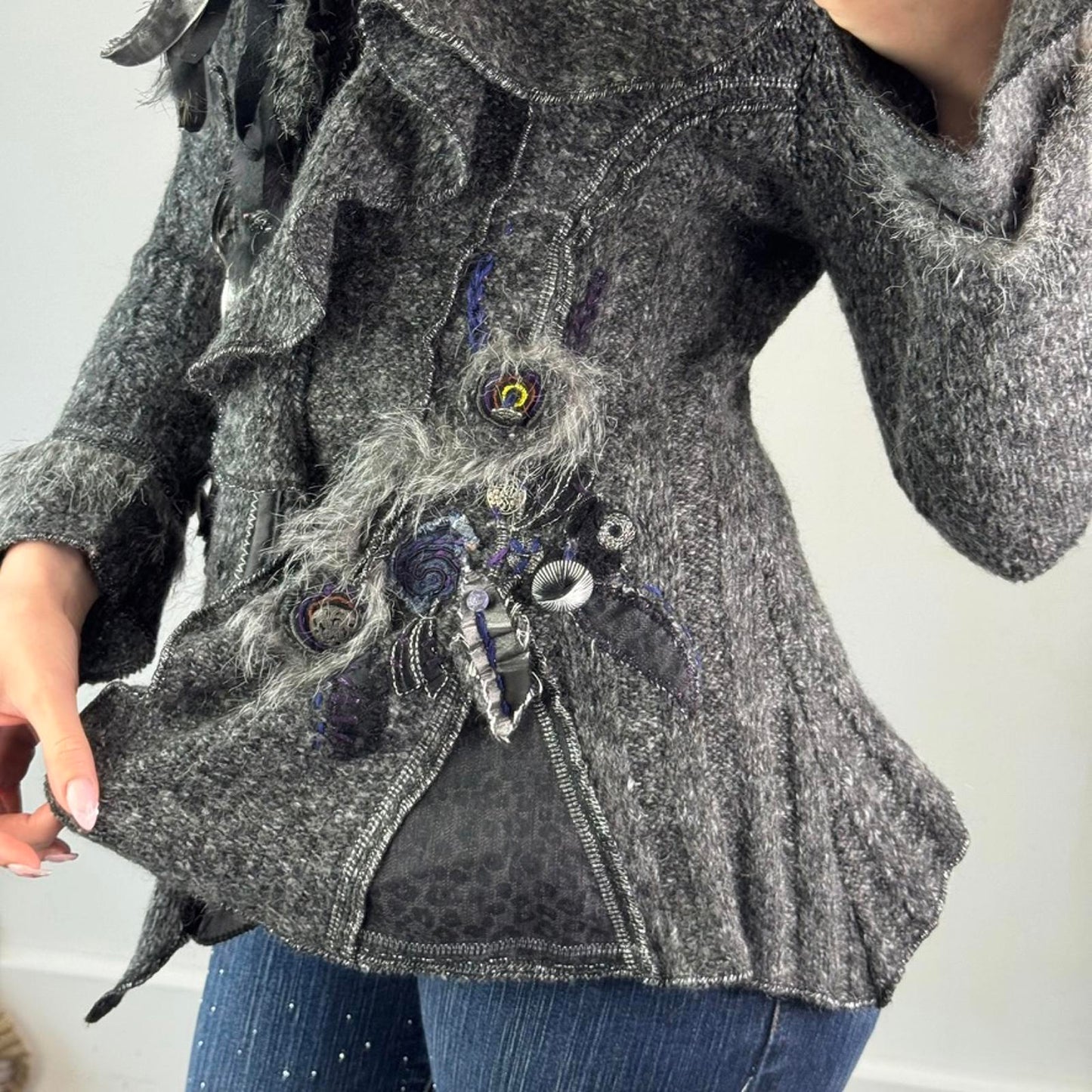 Y2K vintage archive knit patchwork zip up cardigan real fur leopard print button