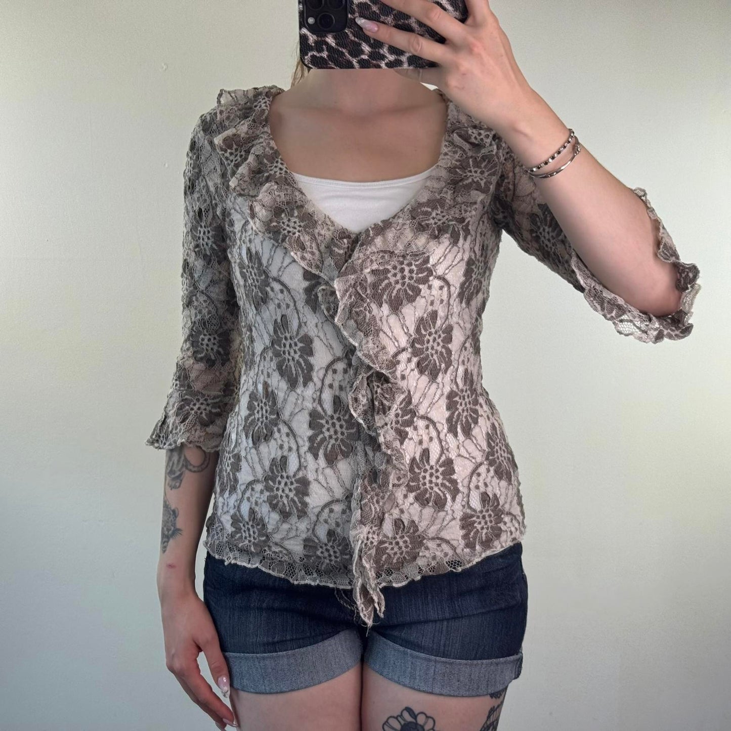 Y2K vintage lace frilly 3/4 sleeve top v open neck floral flower ruffle sheer