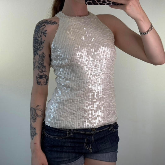 Y2K vintage sequin high neck top sleeveless tank embellished stretchy fine knit