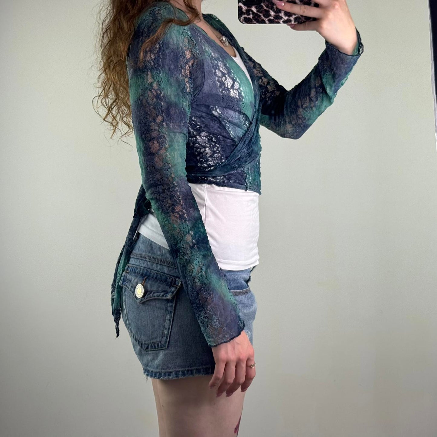 Y2K vintage wrap around cardigan sheer lace blue ombre tie bow adjustable