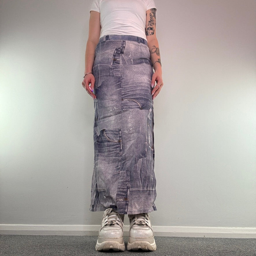 Y2K vintage denim printed pattern sparkly maxi skirt