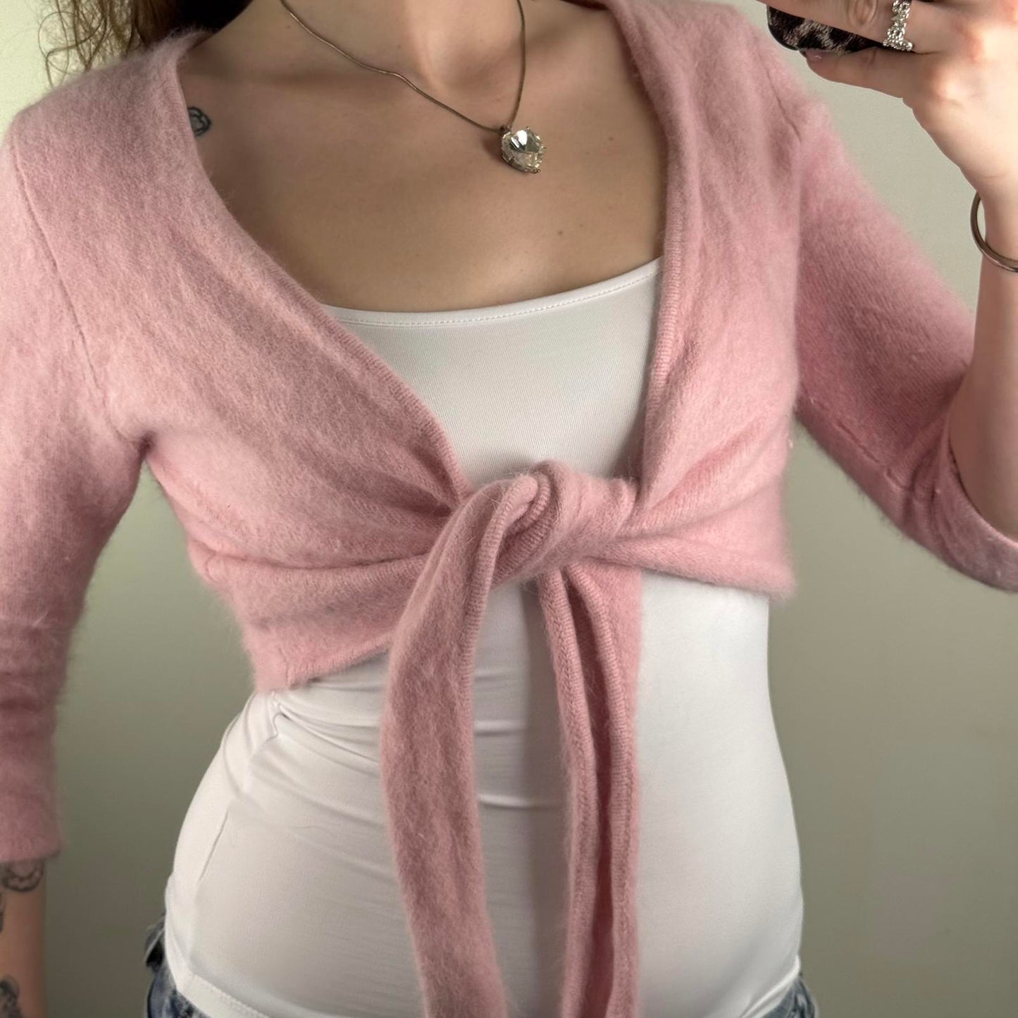 Y2K vintage knitted cropped cardigan 3/4 sleeve baby pink coquette