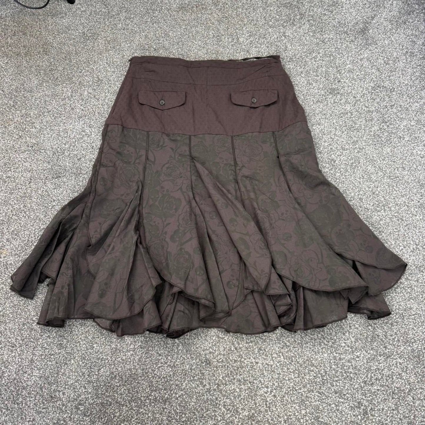 Y2K vintage Firestrap midi skirt skull roses brown button up bow a line frill