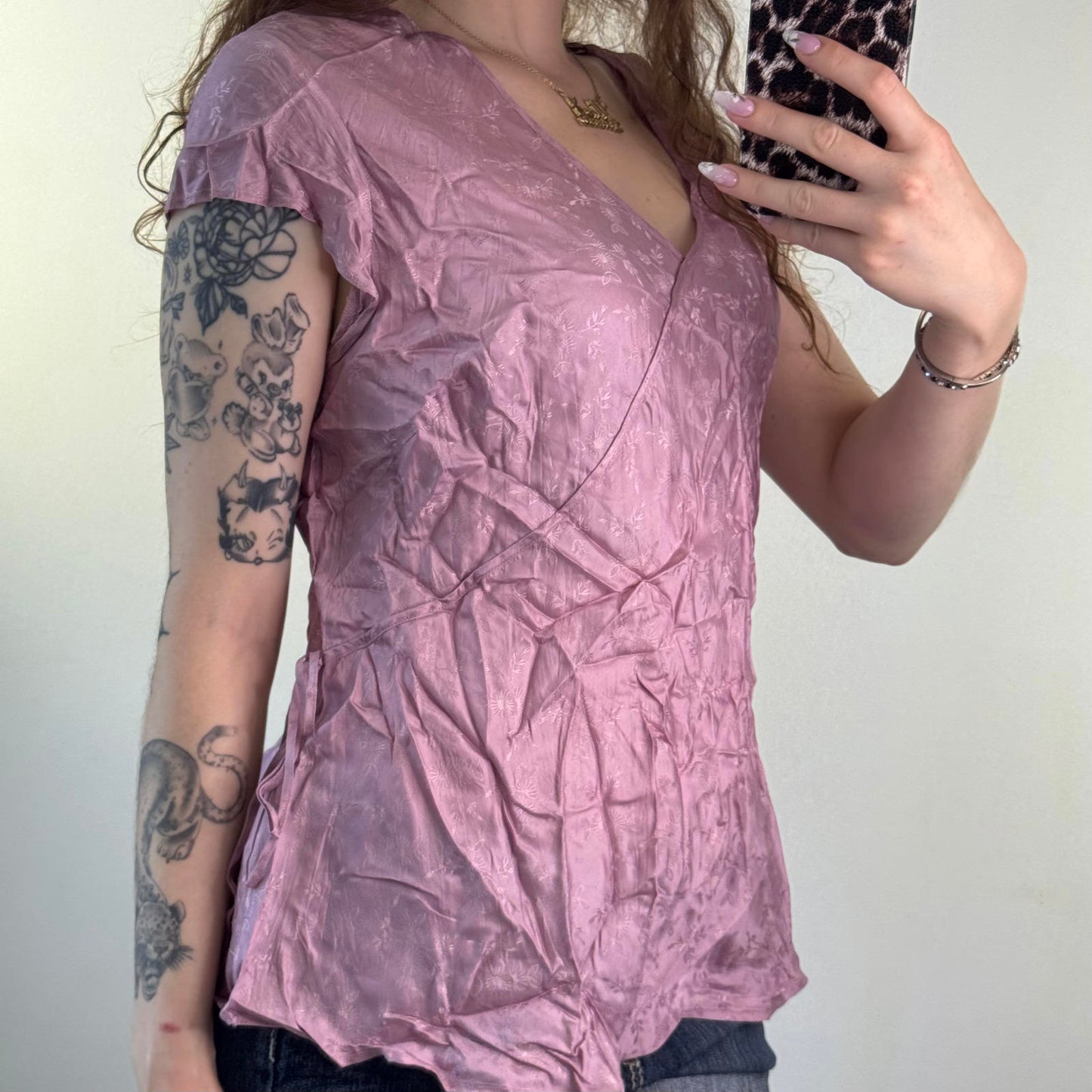 Y2K vintage floral side bow blouse short sleeve top v neck pattern
